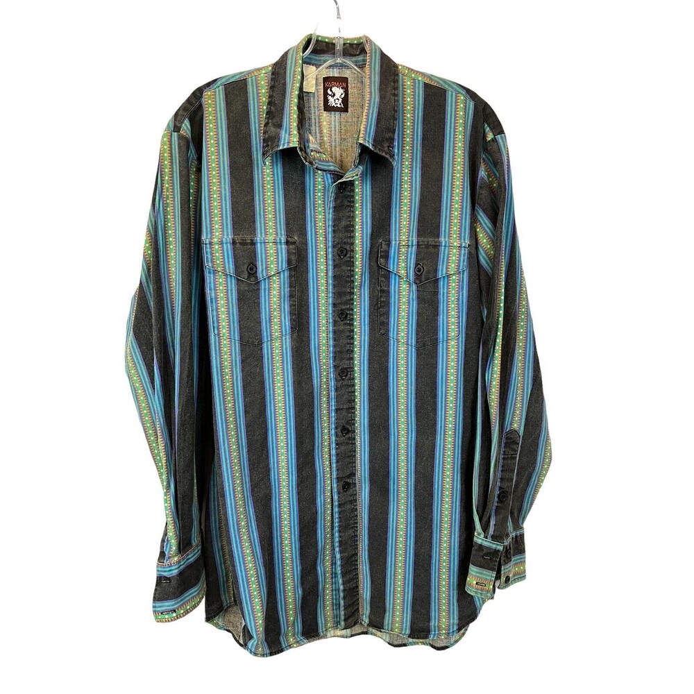 Vintage Karman Western Multi Stripe Print LS Button Shirt Men's Size L Cowboy